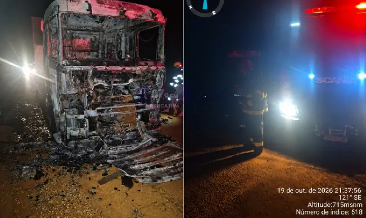 Incêndio destrói cabine de carreta carregada de calcário em Paranatinga