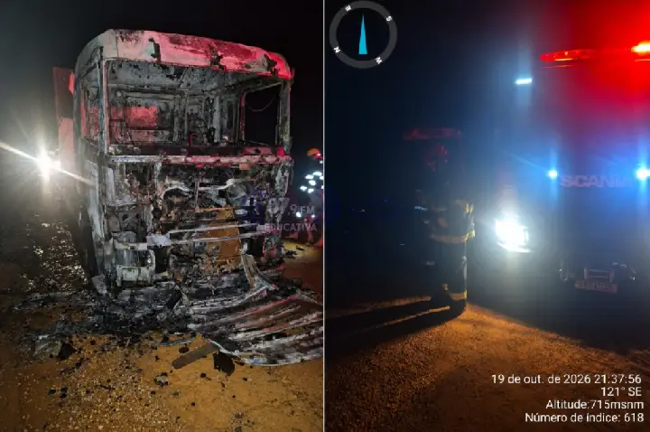 Incêndio destrói cabine de carreta carregada de calcário em Paranatinga