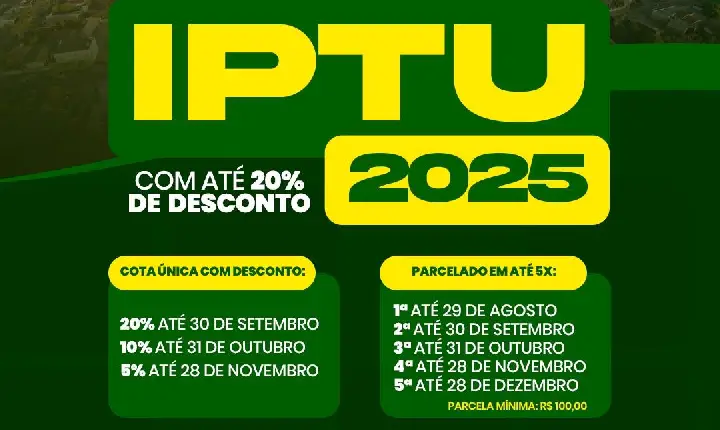 IPTU 2025 está disponível com descontos de até 20% para pagamento à vista