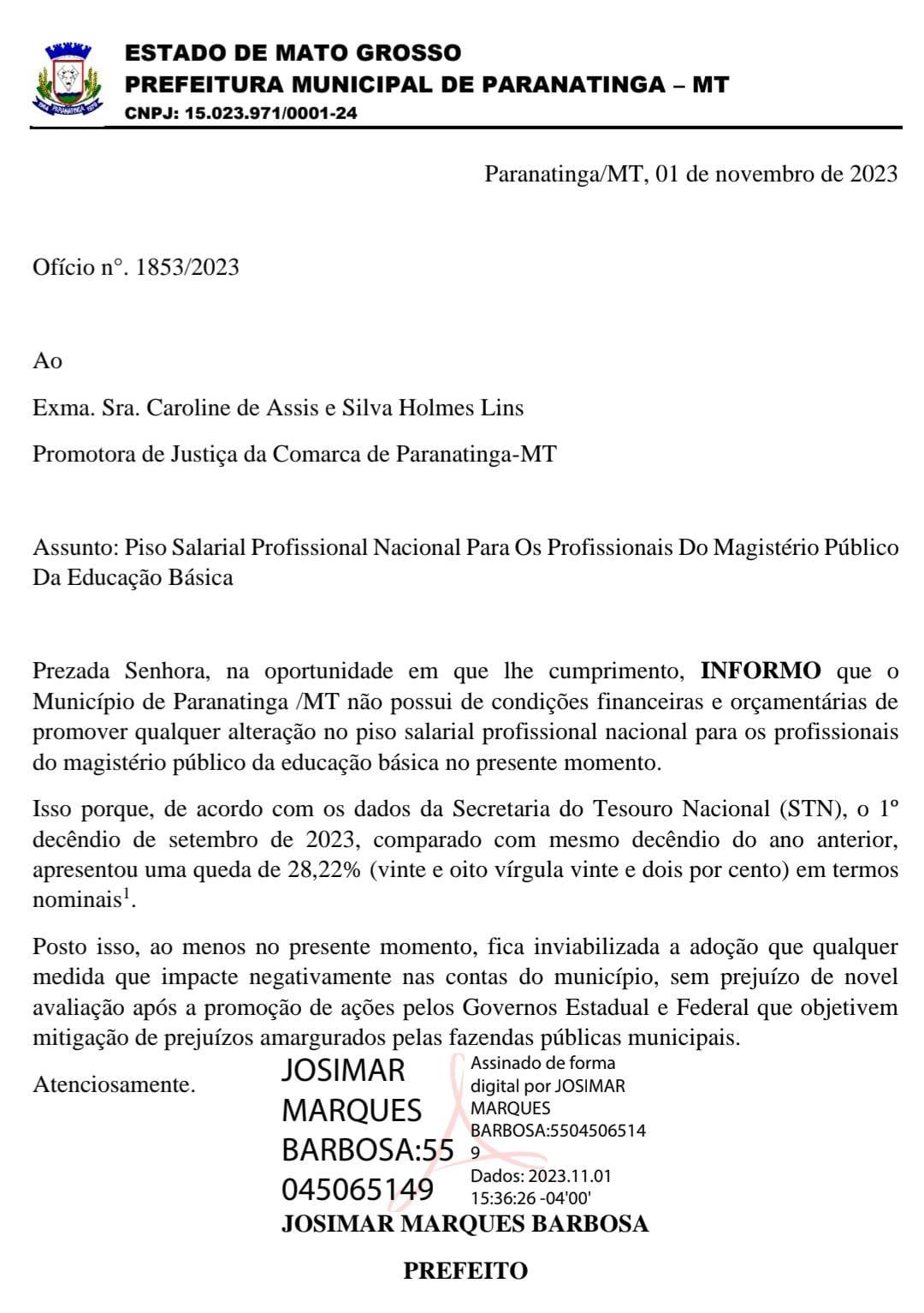 Prefeitura de Paranatinga responde MP e diz não ter condições de pagar piso do professores