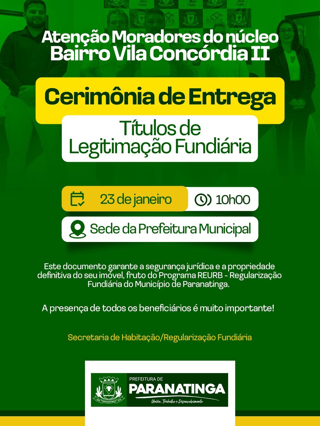 REURB: Prefeitura fará entrega de Títulos de Legitimação Fundiária à moradores do bairro Vila Concórdia II