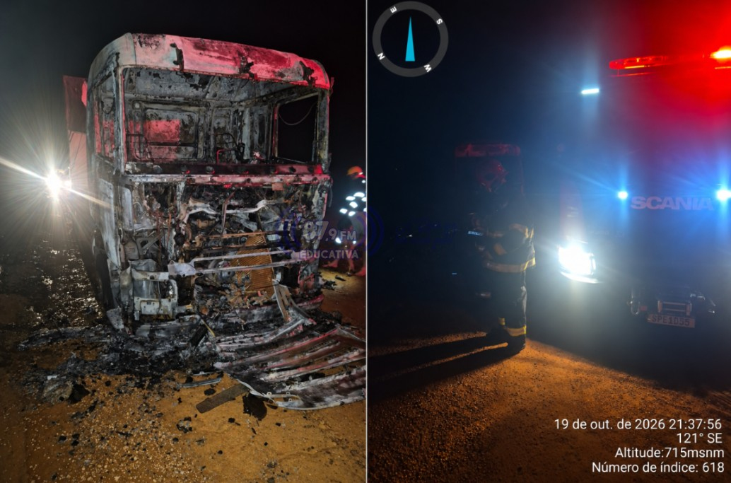 Incêndio destrói cabine de carreta carregada de calcário em Paranatinga